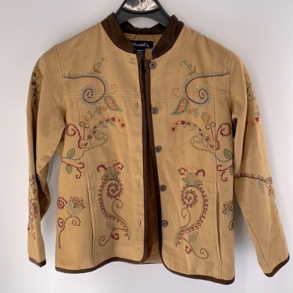 DENIM & CO. 1980s Vintage Embroidered Denim Jacket Coat - Brown - Picture 1 of 17
